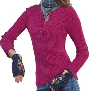 Sundance Birdie Ribbed Henley Sweater Large Berry Pink Soft Silk Winter Casual